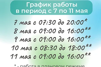 График работы "Городской детской стоматологической поликлиники" в период с 30.04.2025 г. по 12.05.2025 г. График работы "Городской детской стоматологической поликлиники" в период с 30.04.2025 г. по 12.05.2025 г.